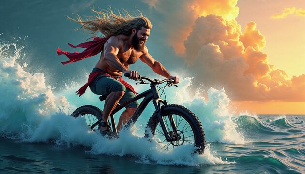 Epic fantasy warrior with dynamic and adventurous mood riding fat tire bicycle through ocean waves at sunset representing surreal digital art