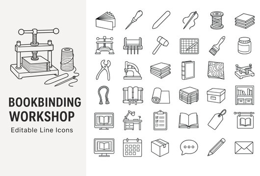 Bookbinding workshop line icons set with craft tools, book press, paper, thread, and equipment for handmade book publishing