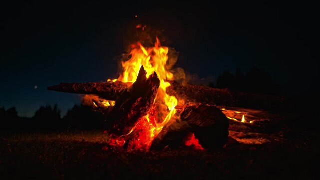 A mesmerizing close-up shot of a large campfire burning brightly in the wilderness at night.