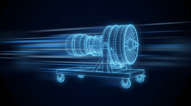 Glowing blue wireframe jet engine model captured in high speed motion against a dark background