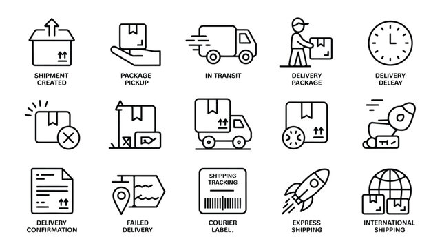 Logistics delivery vector icon set with shipping warehouse transport courier and supply chain symbols