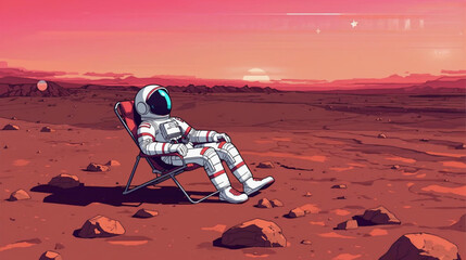 an astronaut relaxing on a lawn chair on Mars illustration. © Pemuda