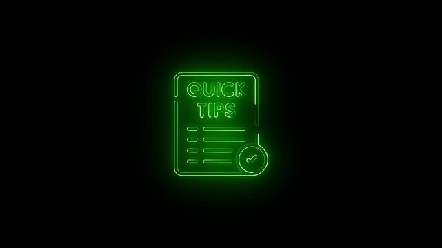 Neon Quick Tips and speech bubble on brick wall. Night Club Bar Blinking Neon Sign. Motion Animation. Video available in 4K FullHD and HD render footage.