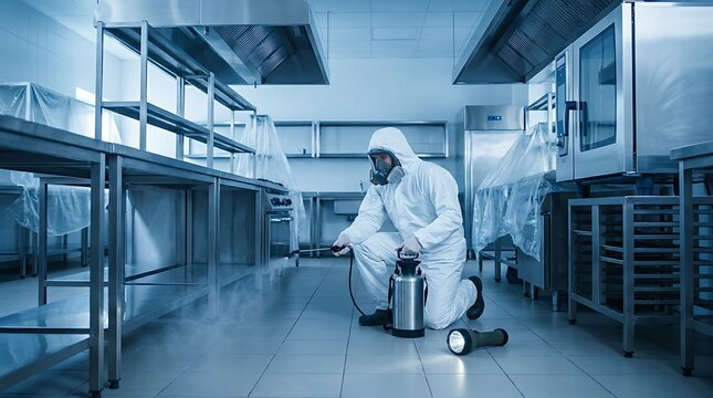Industrial kitchen cleaning professional in full protective suit and gas mask using spray equipment for thorough decontamination and sterilization of professional food preparation area.