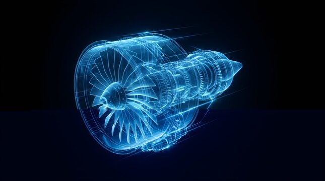 Glowing blue holographic jet engine turbine displaying complex mechanical parts against a dark black background