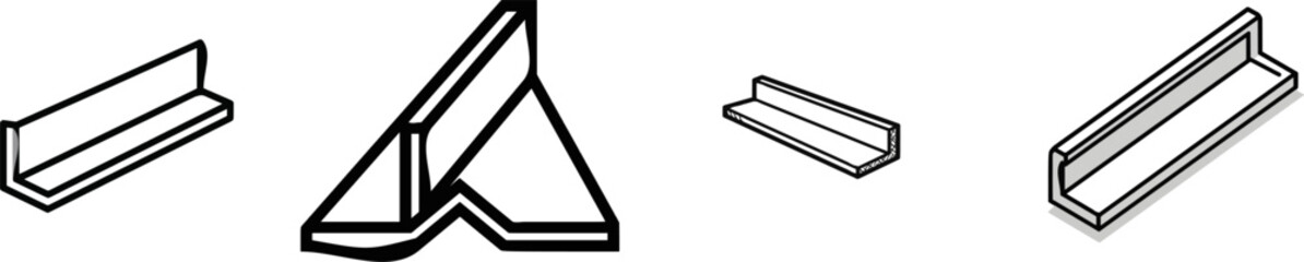 Fototapeta premium A minimalist flat vector icon of a structural steel angle iron bar profile in black and white, featuring clear contours and simple geometric shapes against a clean white background