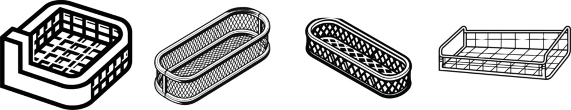 A minimalist flat vector icon of a steel wire mesh cable tray basket segment in black and white, featuring clean bold lines and simple geometric shapes against a pure solid white background