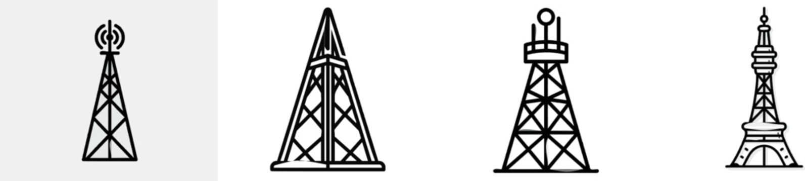 A minimalist vector icon of a black and white telecommunication mast antenna tower with clean bold lines and simple geometric shapes stands isolated against a solid white background