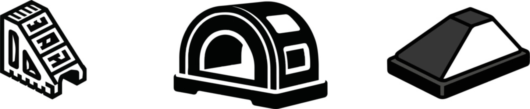 A minimalist flat vector icon of a warehouse logistics freight bay loading dock heavy rubber wheel chock block in black and white, showcasing clear contours and simple geometric shapes against a pure