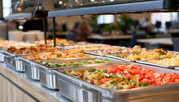A medium shot of a bustling tech hub corporate lunch buffet highlights sleek hot food stations and branded cold dishes, with a blurred office backdrop.