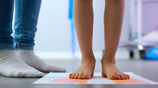 a podiatrist examined the flat feet of children standing on a clinic examination paper. They conducted an orthopedic checkup for proper gait development and support