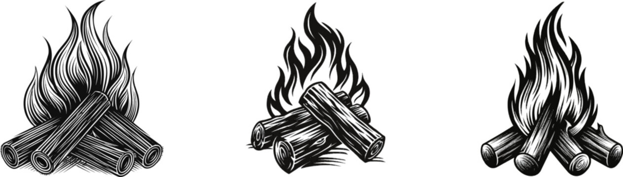 A detailed black-and-white vector illustration of a roaring campfire with precise flames and logs, rendered in classic etching style against a white background