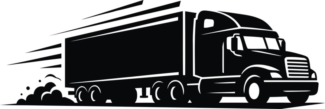 Semi truck silhouette vector, fast delivery cargo trailer icon, black and white heavy transport vehicle for logistics and shipping services