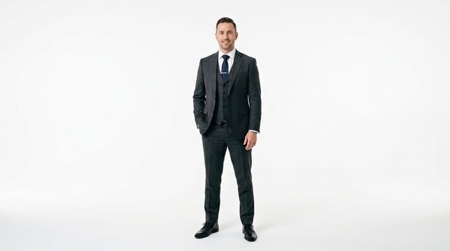 A man in a suit standing against a white background, with a confident smile.