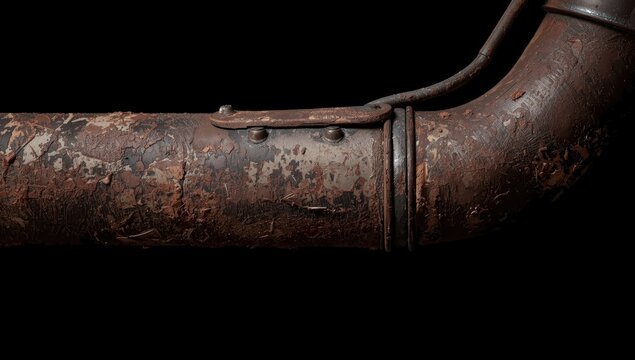 Rusty metal pipe with worn texture on a black background
