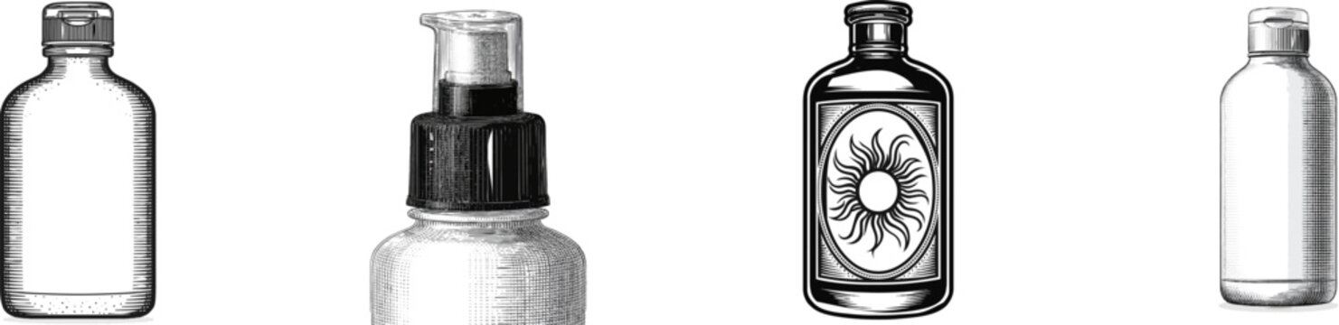 A vintage-style black-and-white vector illustration of a clear squeeze bottle with a flip-top cap, featuring intricate hatching and stippling on the bottles surface