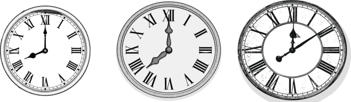 A meticulously detailed black-and-white vector clock face with Roman numerals at 3 oclock showcases a vintage scientific stippling aesthetic on a pure white background