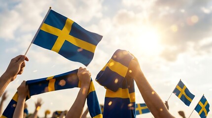 Swedish fans waving national flags and wearing scarves celebrating victory event outdoors with bright sun rays and lens flare showing national pride and patriotism.
