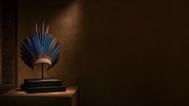 Blue Indigenous Feather Crown Ceremonial Cocar Pedestal Display Stand Museum Background Banner