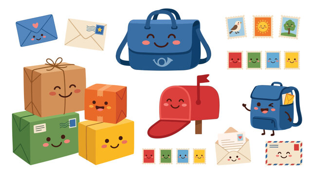 Cute cartoon postal service elements including mailboxes, packages, envelopes, and bags with happy faces.