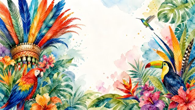 Indigenous Feather Headdress Tropical Parrot Toucan Exotic Jungle Watercolor Background Banner