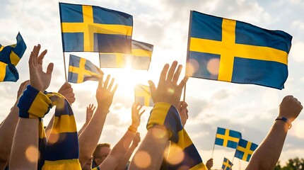 Swedish fans waving national flags and wearing scarves celebrating victory event outdoors with bright sun rays and lens flare showing national pride and patriotism.