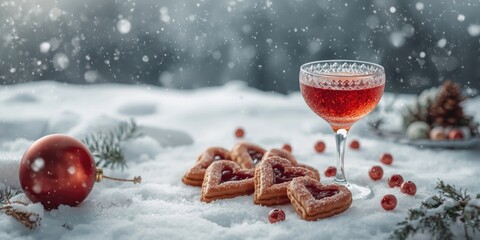 Obraz premium Holiday winter setup with crystal wine glass of cherry tincture and heart shaped Christmas cookies on white snowy ground with copy space