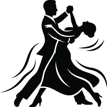 Elegant ballroom dancing couple silhouette, black and white tango dancers vector, romantic waltz performance graphic for wedding invitations