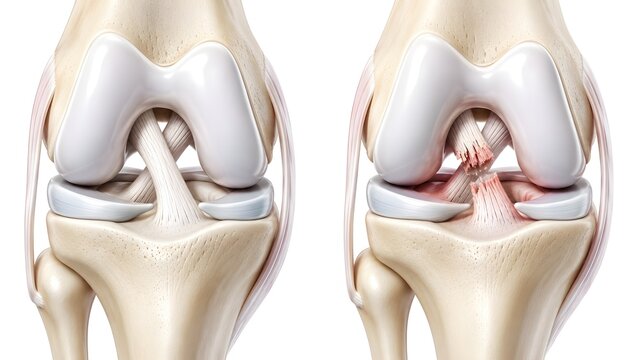 Side-by-side comparison of a healthy human knee joint and anterior cruciate ligament (ACL) tear.