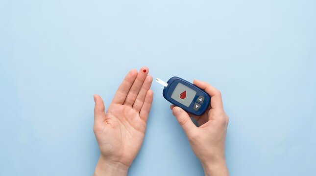 Person using glucose meter to check blood sugar level healthcare medical device for diabetes monitoring checking finger prick blood sample result on digital display screen device.