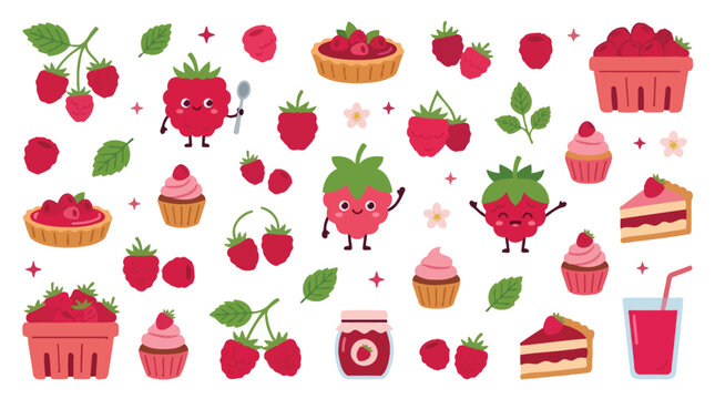 Collection of cute cartoon strawberries and raspberries with various desserts and drinks.