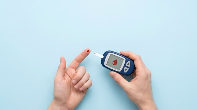 Person using glucose meter to check blood sugar level healthcare medical device for diabetes monitoring checking finger prick blood sample result on digital display screen device.