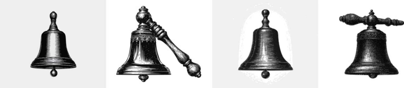 A vintage metal school bell with a detailed wooden handle is presented in an intricate black and white vector tracing style, heavily relying on high-contrast solid black fills and highly detailed