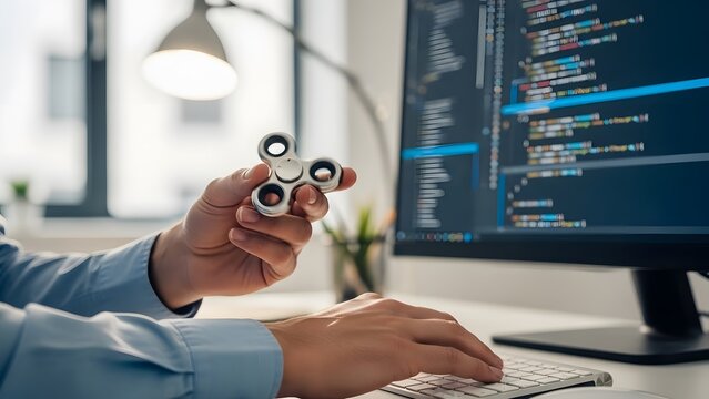 Software Developer Holds Fidget Spinner While Typing Code on Computer.
