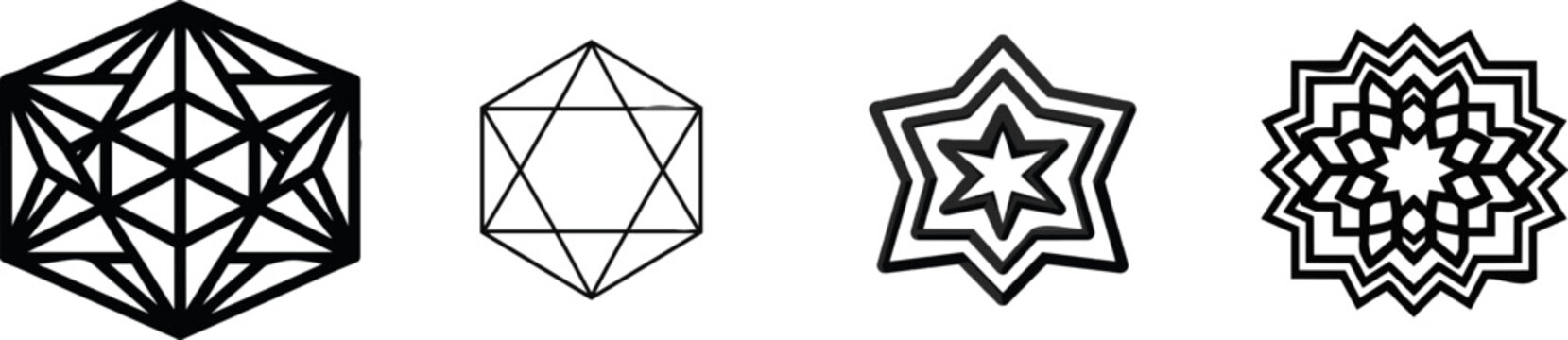 A minimalist geometric star polygon mandala icon features clean, bold lines forming intricate triangular patterns against a stark white background