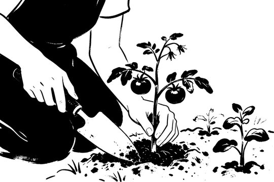 Gardener planting tomato seedling in rich soil with trowel