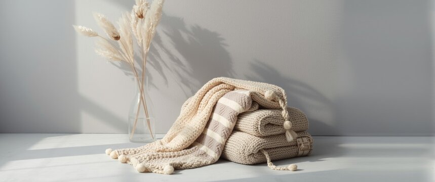 Stack of cozy knit blankets with decorative dried flowers
