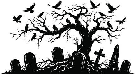 Obraz premium Spooky Halloween Graveyard Silhouette Vector Featuring a Gnarly Tree Flying Ravens and Tombstones