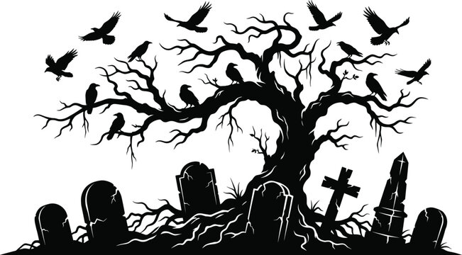 Spooky Halloween Graveyard Silhouette Vector Featuring a Gnarly Tree Flying Ravens and Tombstones