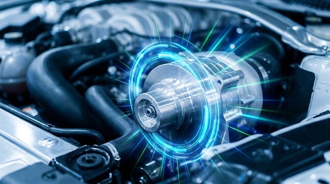 Modern car engine supercharger with futuristic blue and green energy light effect close up detailed view of metallic mechanical component for automotive technology concept.