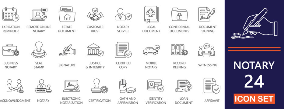 Notary thin line icon set with trust, lawyer, certificate, approval, document, testament, inheritance, seal, and agreement symbols.