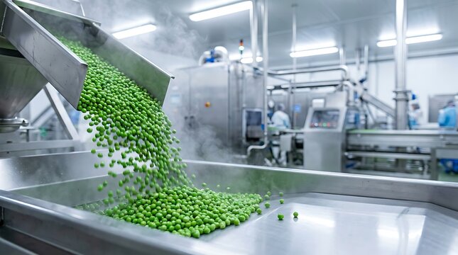 Fresh green peas falling down from stainless steel machine chute into metal conveyor tray inside modern industrial food processing plant during frozen vegetable packaging production line.