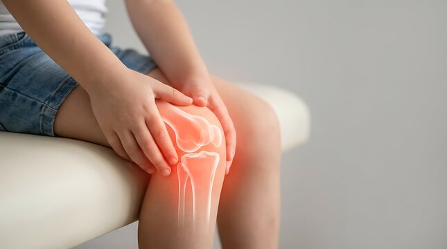 Child's knee joint highlighted with red glow, indicating pain or inflammation, seeking medical attention for joint discomfort, understanding pediatric bone health issues.