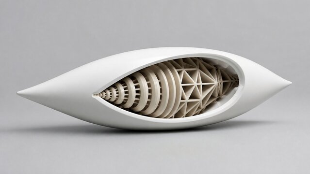 Smooth white spindle shell with internal geometric structures, clean industrial design.
