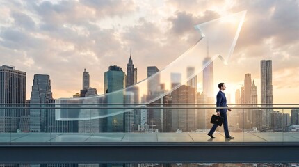Obraz premium Conceptual financial growth image shows a businessman walking confidently alongside a massive floating translucent arrow pointing upwards.