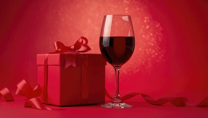Obraz premium Red gift box next to a filled wine glass on a lively red background for commemorative festivities