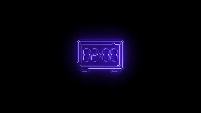 Glowing neon line Digital alarm clock icon isolated on black background. Electronic watch alarm clock. Time icon. 4K Video motion graphic animation