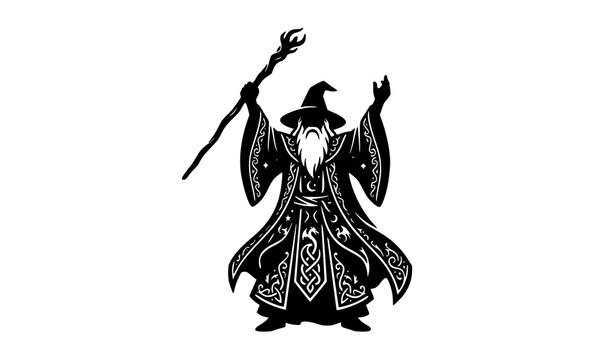 Wise Wizard Black Silhouette Vector Character with Magic Staff and Pointed Hat