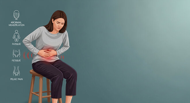 Woman experiencing pelvic pain, abnormal menstruation, and fatigue, symbolizing health concerns and discomfort, indicative of illness or medical condition