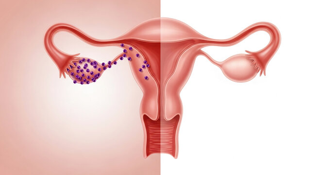 Anatomical illustration of a healthy uterus and fallopian tube contrasted with one affected by ovarian cysts, representing reproductive health and medical conditions